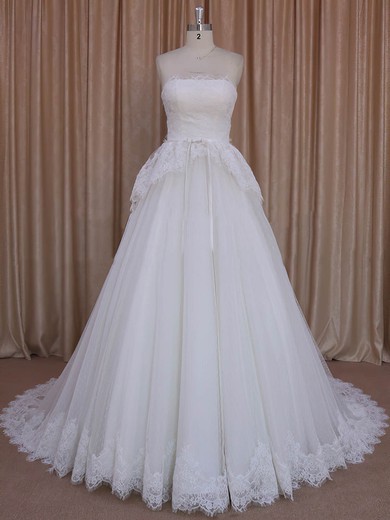Ball Gown Straight Tulle Court Train Wedding Dresses With Appliques Lace #UKM00022039