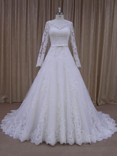 Fabulous Scalloped Neck Ivory Tulle Appliques Lace Long Sleeve Wedding Dresses #UKM00022040