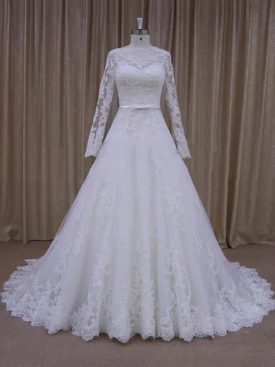 Ball Gown/Princess Illusion Tulle Court Train Wedding Dresses With Sashes / Ribbons #UKM00022040