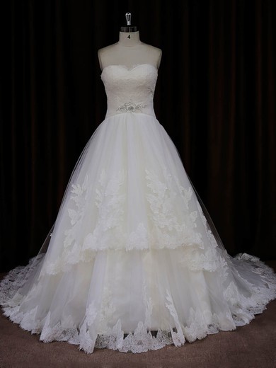 Sweetheart Ivory Princess Tulle Appliques Lace Designer Wedding Dresses #UKM00022041