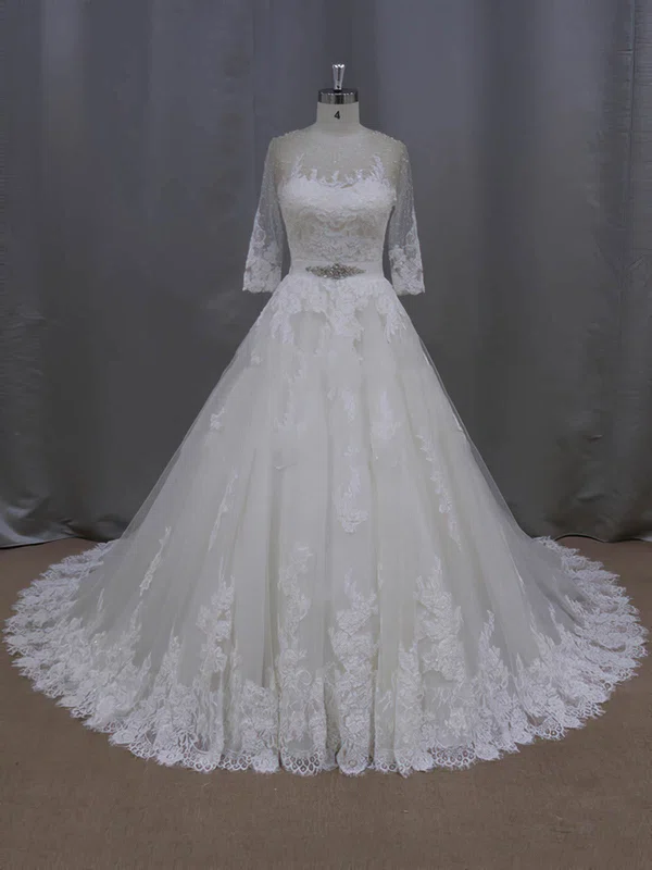 Ball Gown Illusion Tulle Chapel Train Wedding Dresses With Appliques Lace #UKM00022043