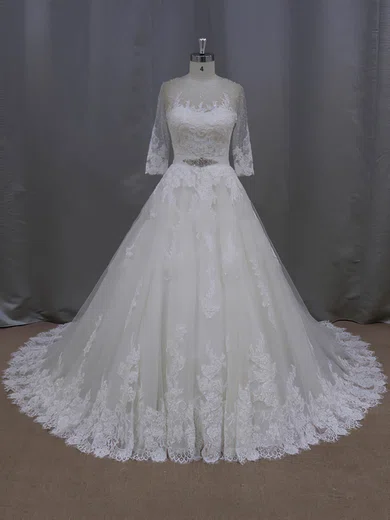 Ball Gown/Princess Illusion Tulle Chapel Train Wedding Dresses With Appliques Lace #UKM00022043