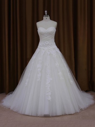 Ball Gown Tulle Appliques Lace Court Train Trendy Ivory Wedding Dresses #UKM00022047