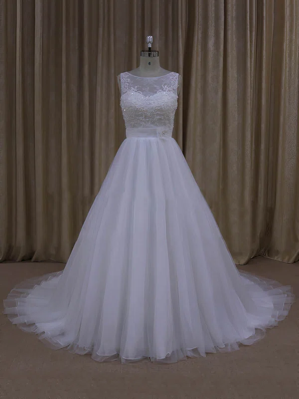 Ball Gown Illusion Tulle Court Train Wedding Dresses With Appliques Lace #UKM00022048