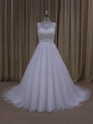 Scoop Neck Court Train Tulle Appliques Lace Ivory Popular Wedding Dresses #UKM00022048