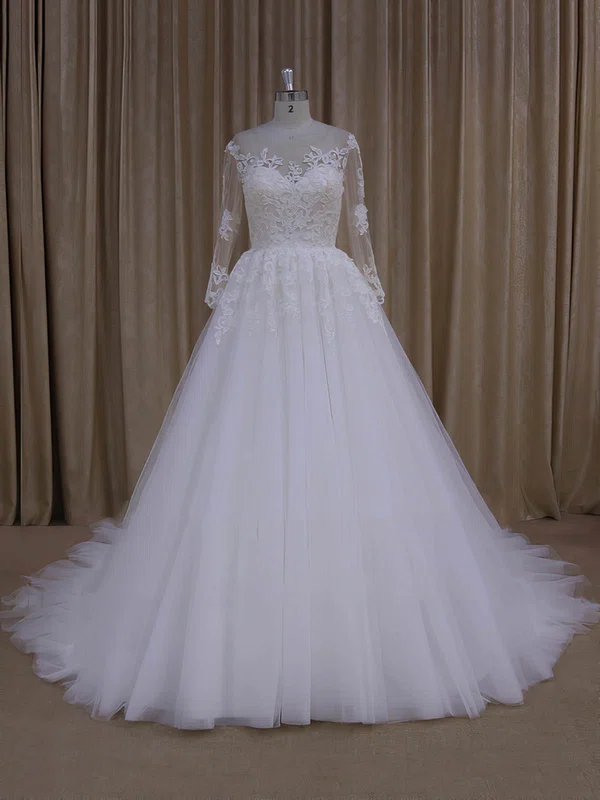 Ball Gown Illusion Tulle Court Train Wedding Dresses With Appliques Lace #UKM00022051