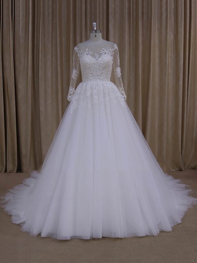 Long Sleeve Princes Ivory Tulle with Appliques Lace Gorgeous Wedding Dresses #UKM00022051