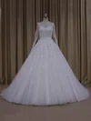 Ball Gown Illusion Tulle Chapel Train Wedding Dresses With Appliques Lace #UKM00022054