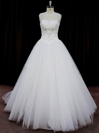 Court Train Ivory Tulle Appliques Lace Open Back Ball Gown Wedding Dresses #UKM00022058