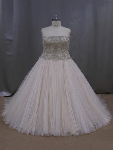 Ball Gown/Princess Straight Tulle Sweep Train Wedding Dresses With Beading #UKM00022069