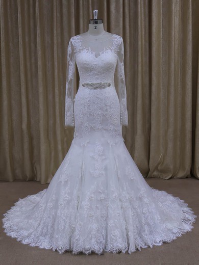 White Tulle Trumpet/Mermaid with Appliques Lace Long Sleeve Wedding Dresses #UKM00022071
