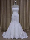 Trumpet/Mermaid Sweetheart Tulle Sweep Train Wedding Dresses With Appliques Lace #UKM00022072