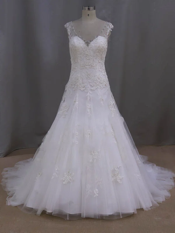 Ball Gown V-neck Tulle Court Train Wedding Dresses With Appliques Lace #UKM00022077