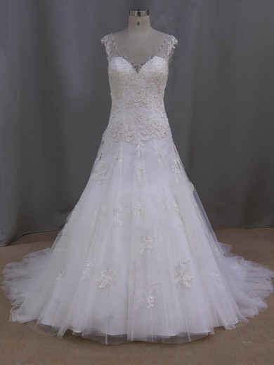V-neck Ivory Tulle Appliques Lace Court Train Fashionable Wedding Dresses #UKM00022077