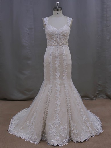 Noble V-neck Ivory Lace Tulle Sashes/Ribbons Trumpet/Mermaid Wedding Dresses #UKM00022085