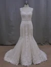 Trumpet/Mermaid V-neck Lace Tulle Court Train Wedding Dresses With Beading #UKM00022085