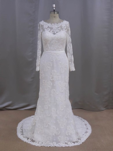 Sheath/Column Lace with Sequins Ivory Court Train Long Sleeve Wedding Dresses #UKM00022090