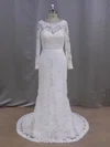 Sheath/Column Illusion Lace Sweep Train Wedding Dresses With Sashes / Ribbons #UKM00022090