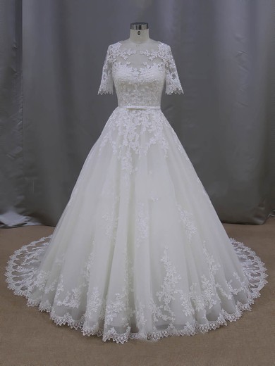 Elegant Scoop Neck Tulle Appliques Lace 1/2 Sleeve Ball Gown Wedding Dresses #UKM00022093