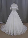 Ball Gown Illusion Tulle Court Train Wedding Dresses With Appliques Lace #UKM00022093