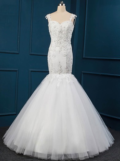 Trumpet/Mermaid Sweep Train Tulle Appliques Lace Beautiful Wedding Dress #UKM00022516