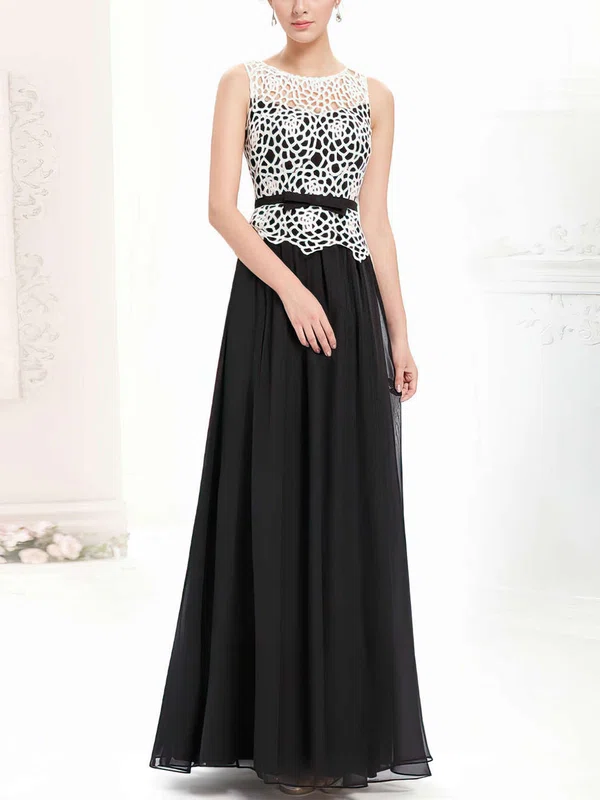 A-line Scoop Neck Chiffon Ankle-length Lace Prom Dresses #UKM020102041