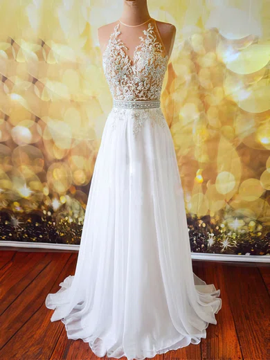 A-line Illusion Chiffon Cut Out Prom Dresses With Appliques #UKM020102042