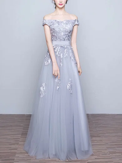 A-line Off-the-shoulder Tulle Floor-length Prom Dresses With Appliques Lace #UKM020102047