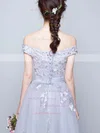 A-line Off-the-shoulder Tulle Floor-length Appliques Lace Prom Dresses #UKM020102047