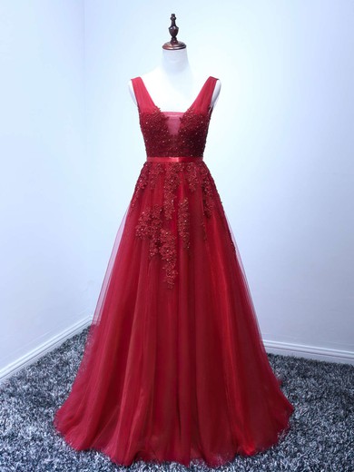 Princess V-neck Tulle Sweep Train Appliques Lace Prom Dresses #UKM020102048