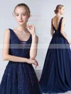 Princess V-neck Tulle Sweep Train Appliques Lace Prom Dresses #UKM020102048