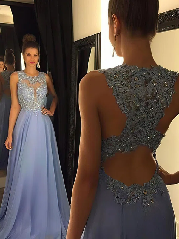 A-line Sweep Train Scoop Neck Chiffon Tulle Beading Prom Dresses #UKM020102055
