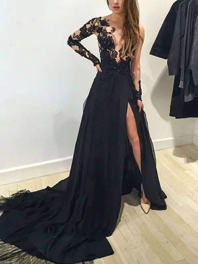 Black A-line Illusion Chiffon Tulle Prom Dresses With Appliques #UKM020102059