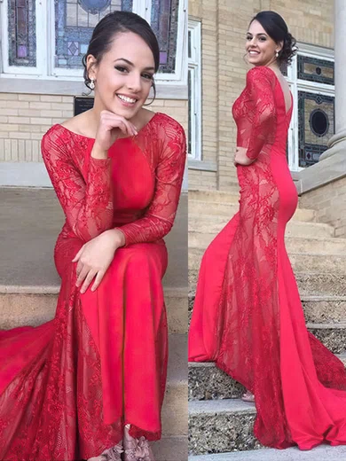 Trumpet/Mermaid Scoop Neck Lace Silk-like Satin Sweep Train Beading Prom Dresses #UKM020102062