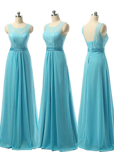 Wholesale A-line Scoop Neck Blue Chiffon with Lace Long Bridesmaid Dresses #UKM01012730