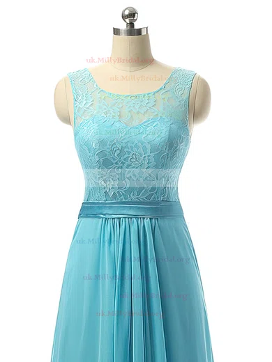 Wholesale A line Scoop Neck Blue Chiffon with Lace Long Bridesmaid