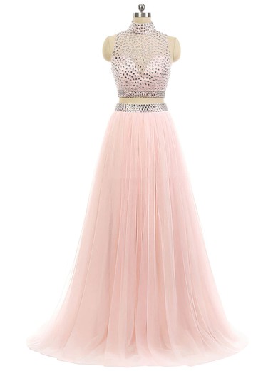 A-line High Neck Tulle Sweep Train Beading Prom Dresses #UKM020102117