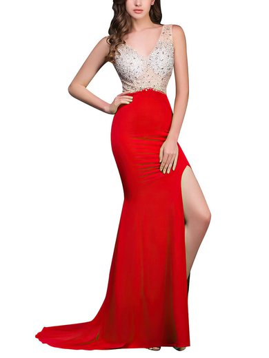 Trumpet/Mermaid V-neck Red Chiffon Tulle Split Front Backless Prom Dress #UKM020102119