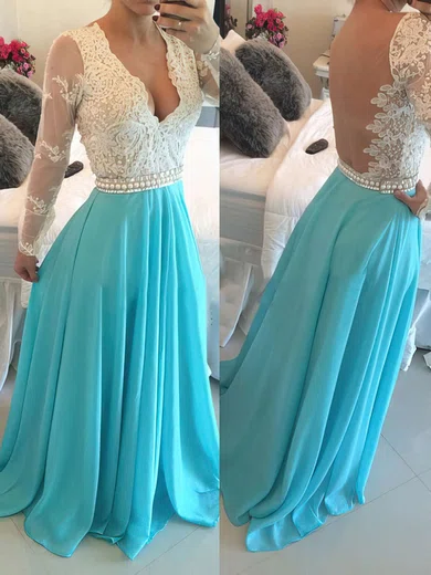 A-line V-neck Chiffon Floor-length Appliques Lace Prom Dresses #UKM020102161