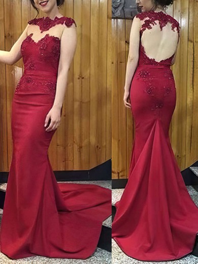 Trumpet/Mermaid Scoop Neck Silk-like Satin Sweep Train Appliques Lace Prom Dresses #UKM020102169