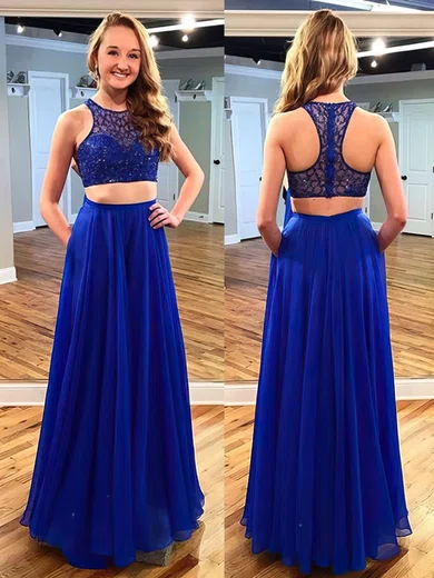 A-line Scoop Neck Chiffon Floor-length Beading Prom Dresses #UKM020102173