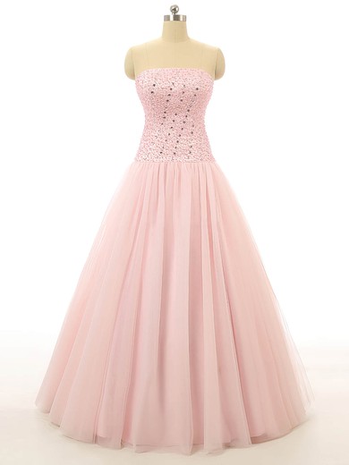 Ball Gown Strapless Tulle Floor-length Beading Prom Dresses #UKM020102115