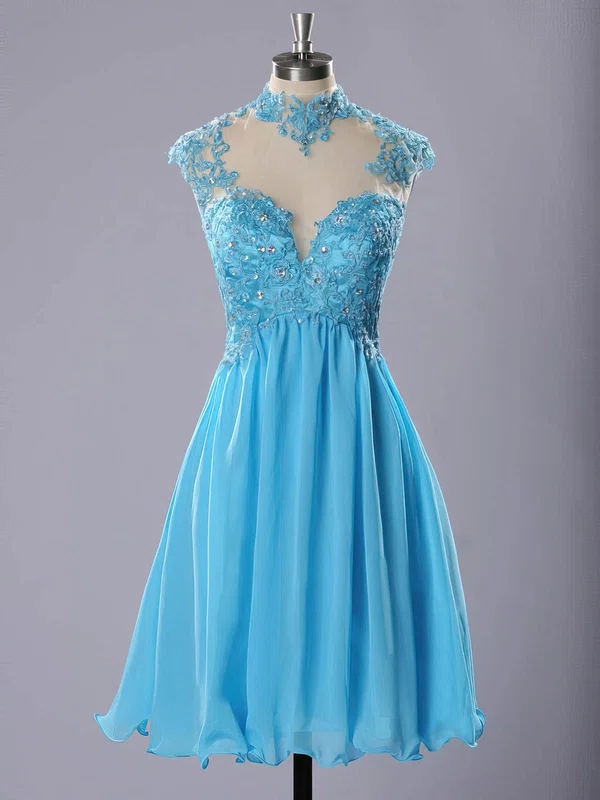 High Neck Blue Chiffon Tulle Appliques Lace Short/Mini Short Prom Dresses #UKM020102183