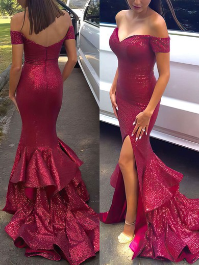 Sheath/Column Sweep Train Off-the-shoulder Sequined Tiered Prom Dresses #UKM020102197