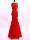 Trumpet/Mermaid Scoop Neck Sweep Train Tulle Appliques Lace Prom Dresses #UKM020102204