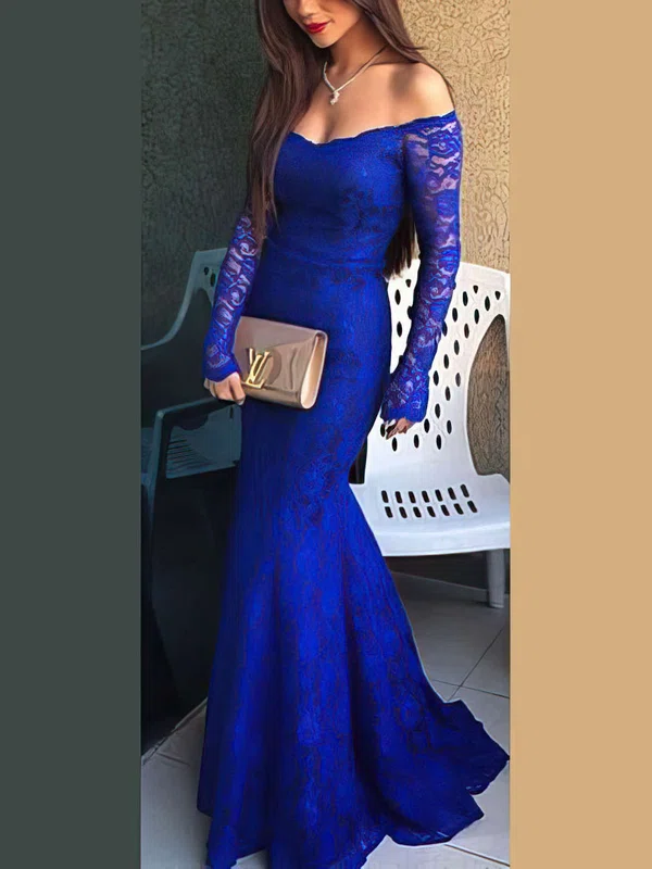 Trumpet/Mermaid Floor-length Off-the-shoulder Lace Long Sleeves Prom Dresses #UKM020102214