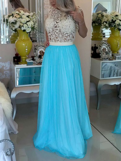 A-line Scoop Neck Lace Chiffon Floor-length Crystal Detailing Prom Dresses #UKM020102229