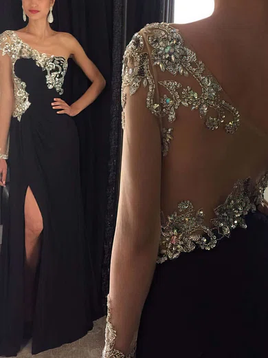Sheath/Column One Shoulder Chiffon Sweep Train Split Front Prom Dresses #UKM020102230
