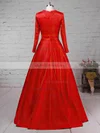 Ball Gown Scoop Neck Satin Sweep Train Appliques Lace Prom Dresses #UKM02023575