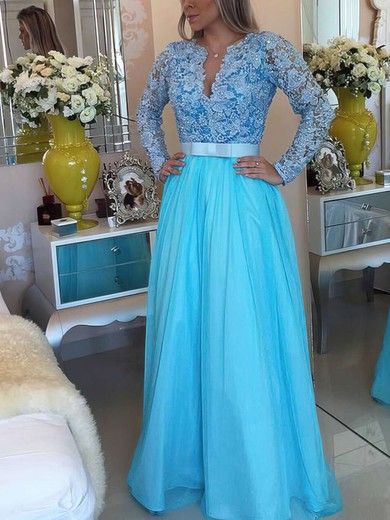 A-line V-neck Lace Chiffon Floor-length Sashes / Ribbons Prom Dresses #UKM020102323